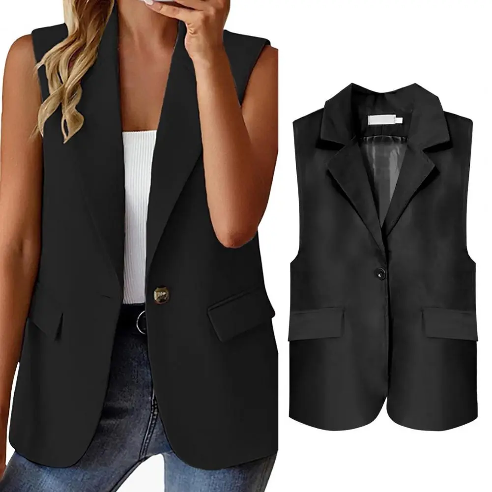 Lapel Single Button Women Waistcoat V Neck Sleeveless Business Vest Female Outerwear Chic Tops Formal OL Style Commute Coat