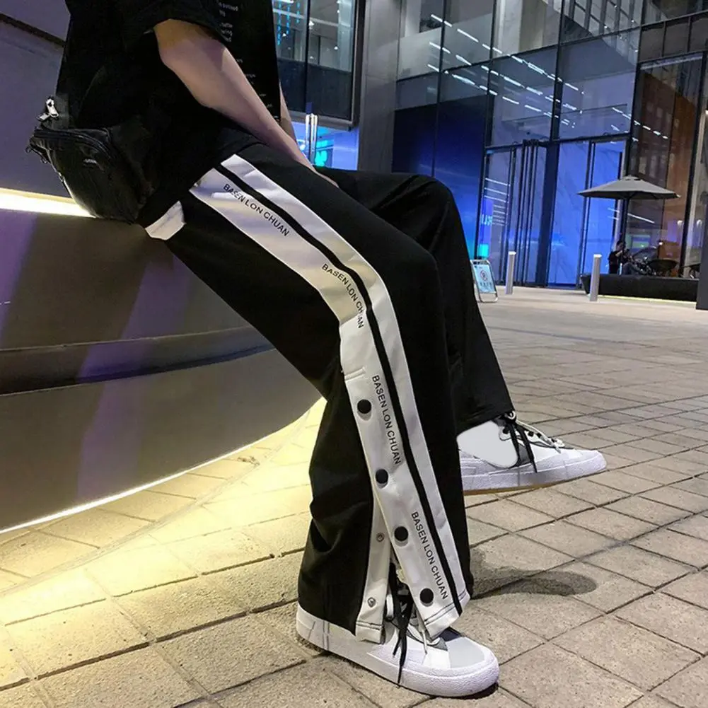 Harajuku Letter Print Men Women Trousers Drawstring Side Split Buttons Sweatpants Casual Baggy Pants Sports Pants Summer Pants