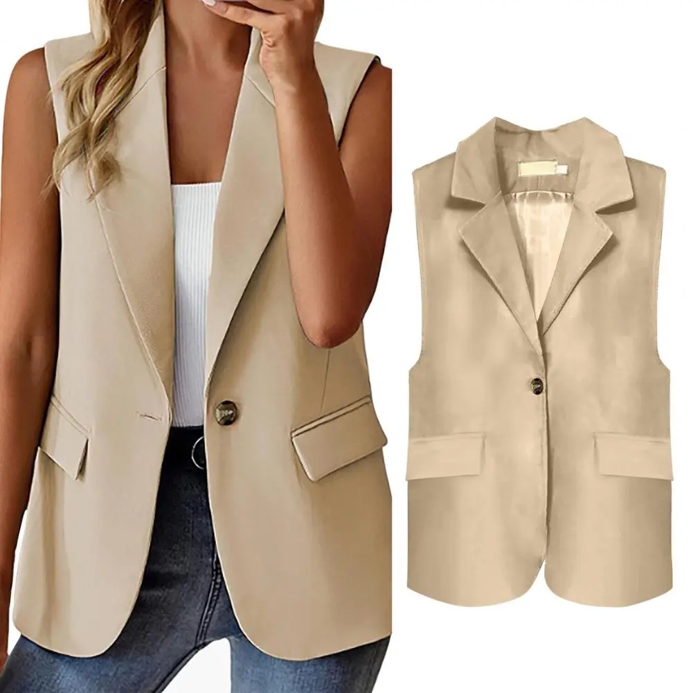 Lapel Single Button Women Waistcoat V Neck Sleeveless Business Vest Female Outerwear Chic Tops Formal OL Style Commute Coat