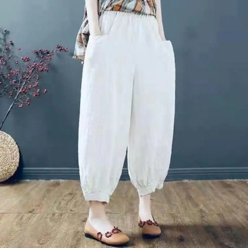 2025 Cotton Linen High Waist Women Cropped Pants Loose Deep Crotch Women Lantern Pants Summer Comfortable Plus Size Ninth Pants