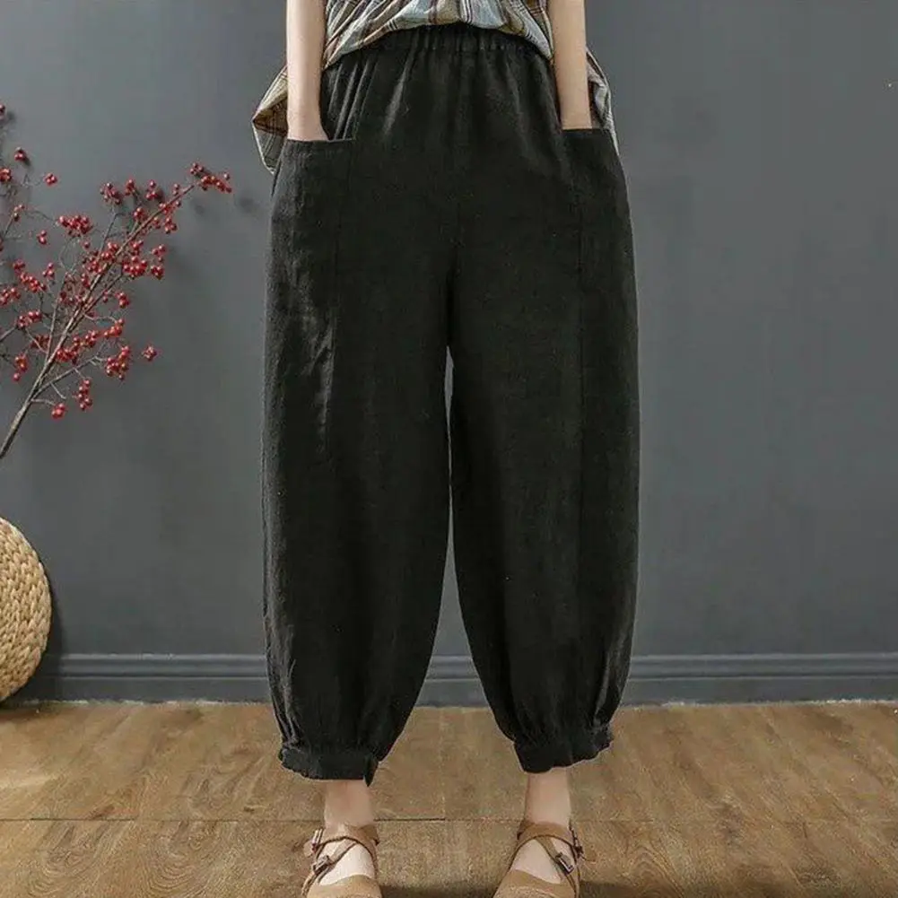 2025 Cotton Linen High Waist Women Cropped Pants Loose Deep Crotch Women Lantern Pants Summer Comfortable Plus Size Ninth Pants