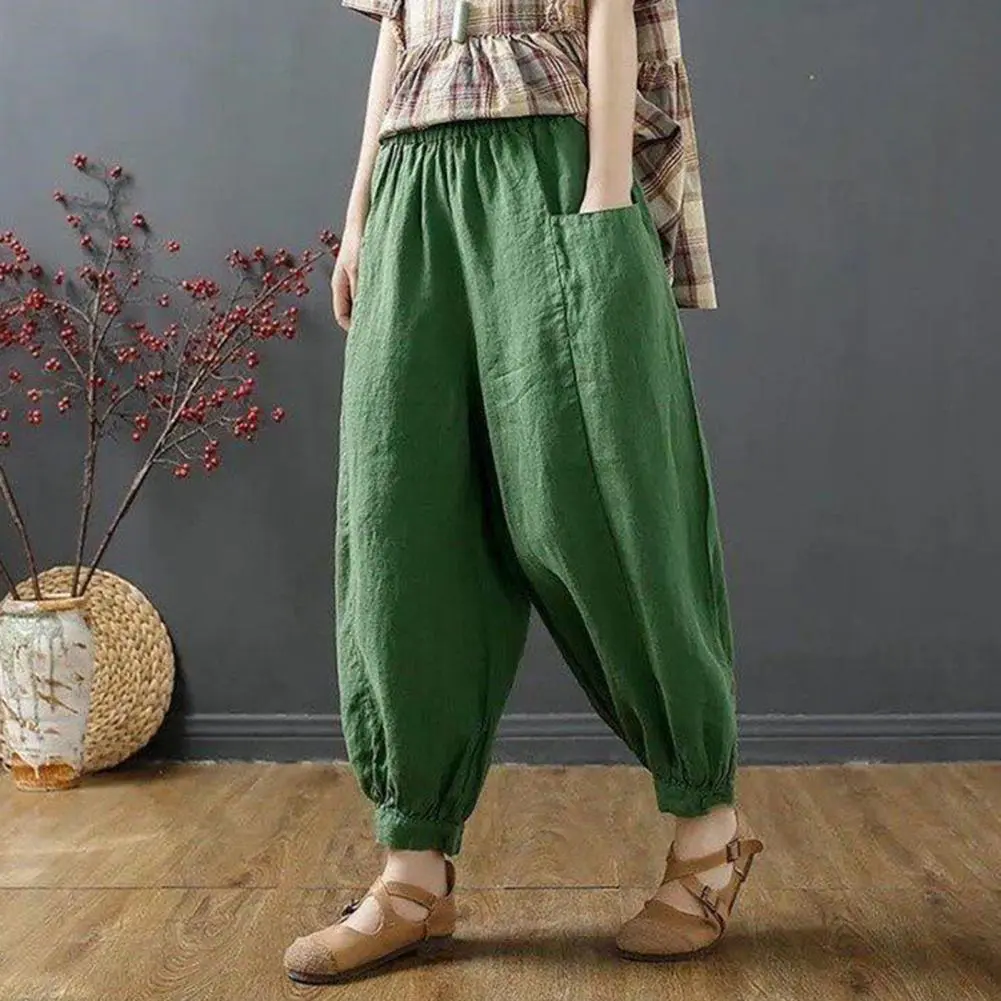 2025 Cotton Linen High Waist Women Cropped Pants Loose Deep Crotch Women Lantern Pants Summer Comfortable Plus Size Ninth Pants