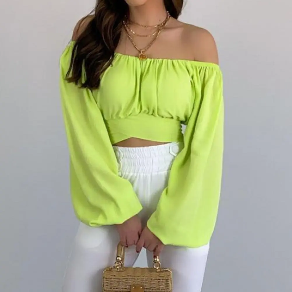 Lantern Sleeve Women Blouse Sexy Club Party Off Shoulder Puff Long Sleeve Crop Tops Summer Tube Tops Wrap Chest Short Tees