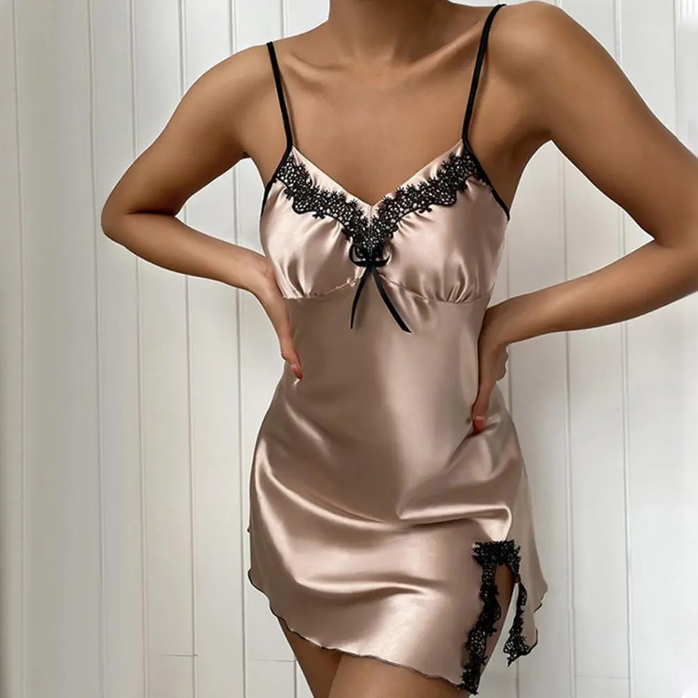 Summer Women's Pajamas Deep V Sexy Sleeveless Pajamas Women's Lace Side Slightly Sling Straps Solid Color  Nightdress Pajamas
