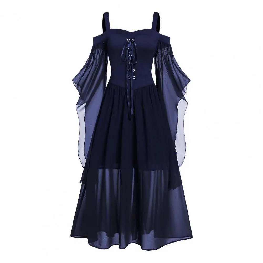 Halloween Mesh Cosplay Masquerade Women Dress Cold Shoulder Butterfly Sleeve Patchwork Bandage Large Hem Witch Party Dress