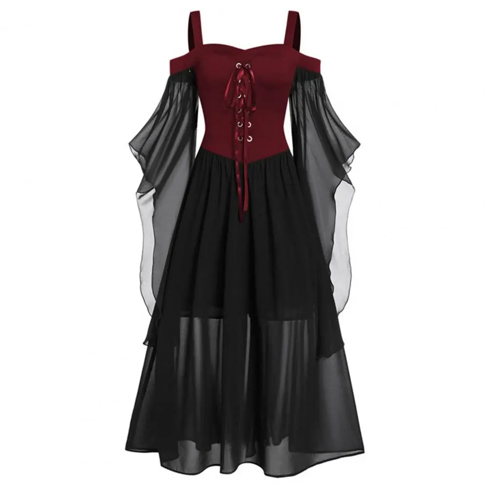 Halloween Mesh Cosplay Masquerade Women Dress Cold Shoulder Butterfly Sleeve Patchwork Bandage Large Hem Witch Party Dress