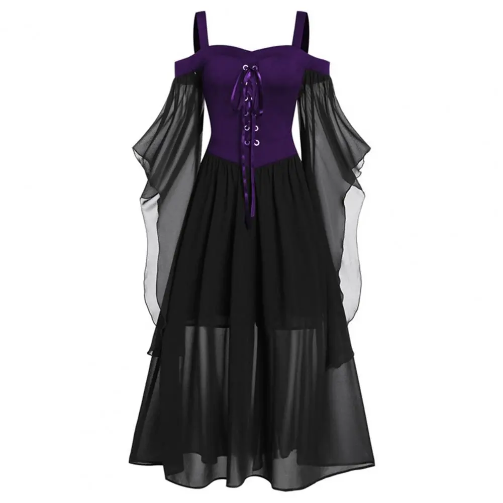 Halloween Mesh Cosplay Masquerade Women Dress Cold Shoulder Butterfly Sleeve Patchwork Bandage Large Hem Witch Party Dress