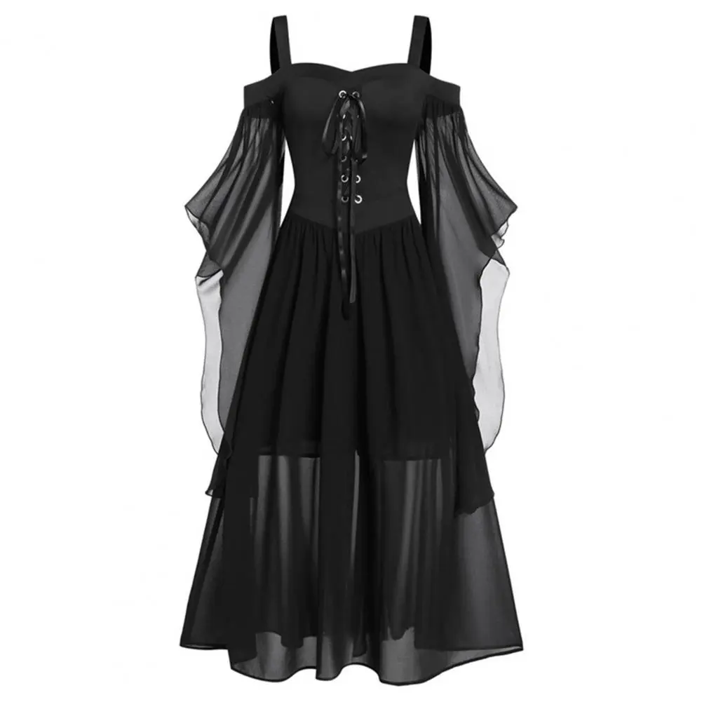 Halloween Mesh Cosplay Masquerade Women Dress Cold Shoulder Butterfly Sleeve Patchwork Bandage Large Hem Witch Party Dress