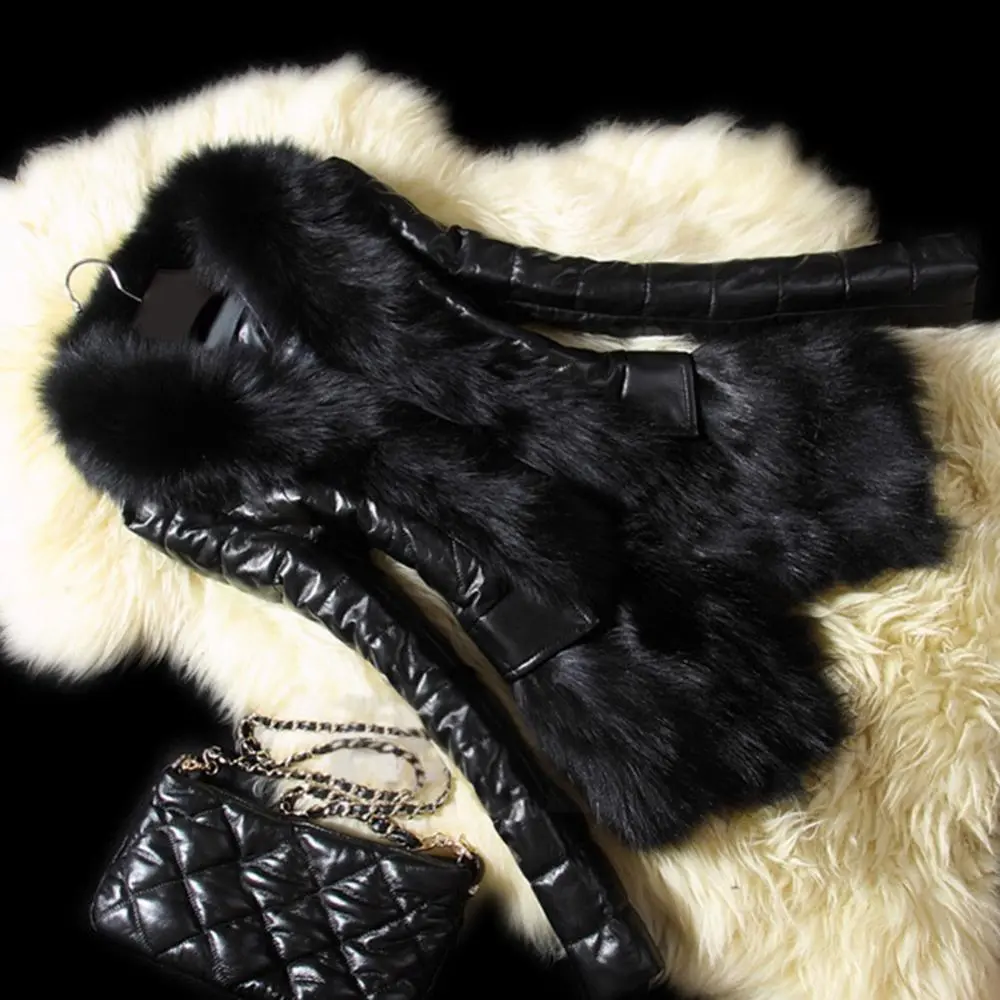 5XL Faux Fur Collar Leather Women Coat Oversized Fleece Faux Fur Winter Coat Luxury Faux Rabbit Fur Jackets manteau femme hiver