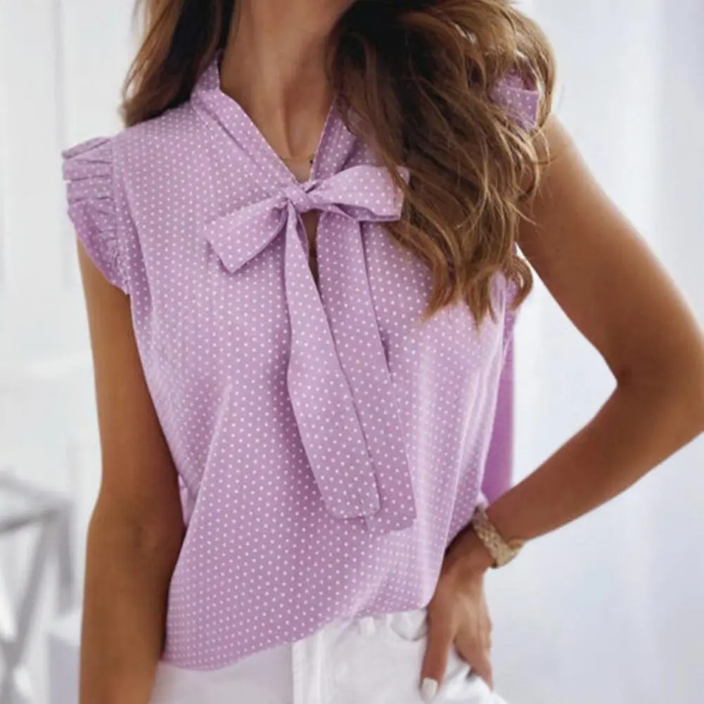 Ruffle Bowknot Women Blouse Short Sleeve Polka Dot Women Ruffle Bowknot Shirt For Dating Summer Polka Dot Bow Pullover Blouse