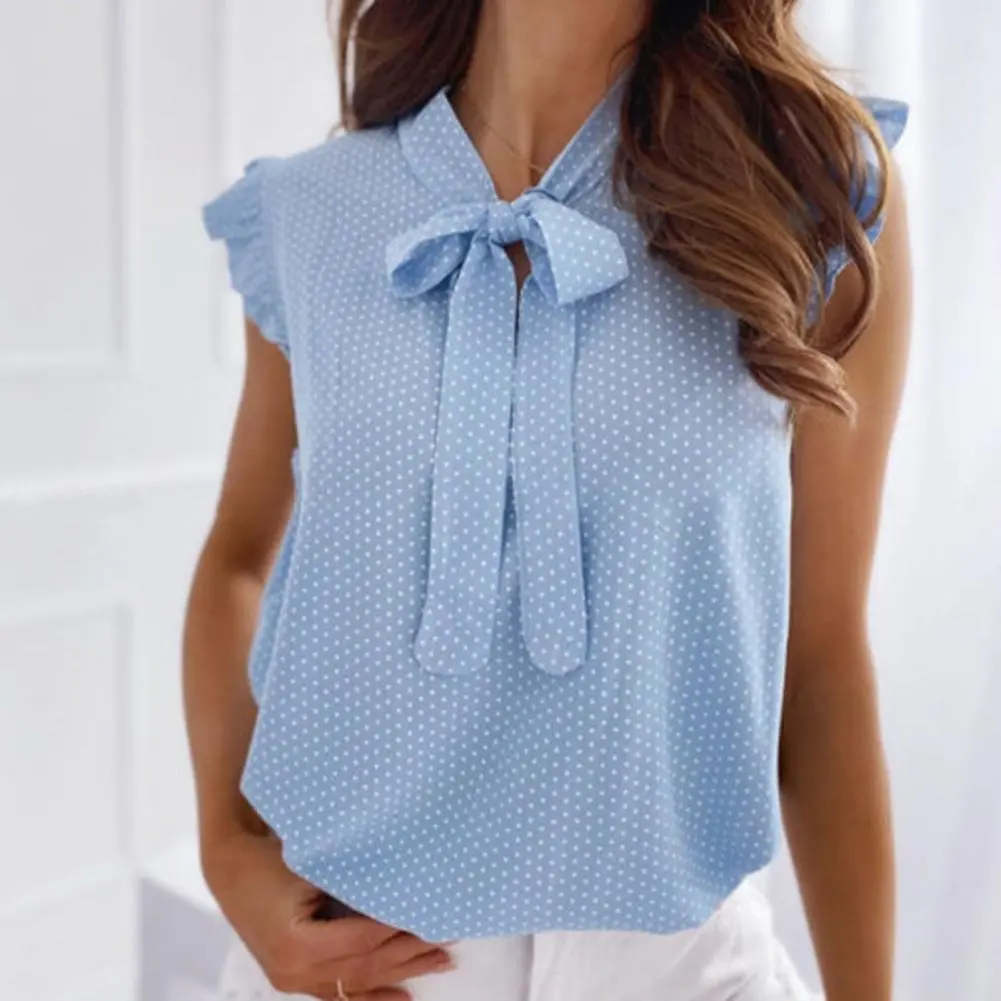 Ruffle Bowknot Women Blouse Short Sleeve Polka Dot Women Ruffle Bowknot Shirt For Dating Summer Polka Dot Bow Pullover Blouse
