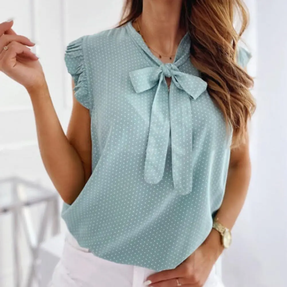 Ruffle Bowknot Women Blouse Short Sleeve Polka Dot Women Ruffle Bowknot Shirt For Dating Summer Polka Dot Bow Pullover Blouse
