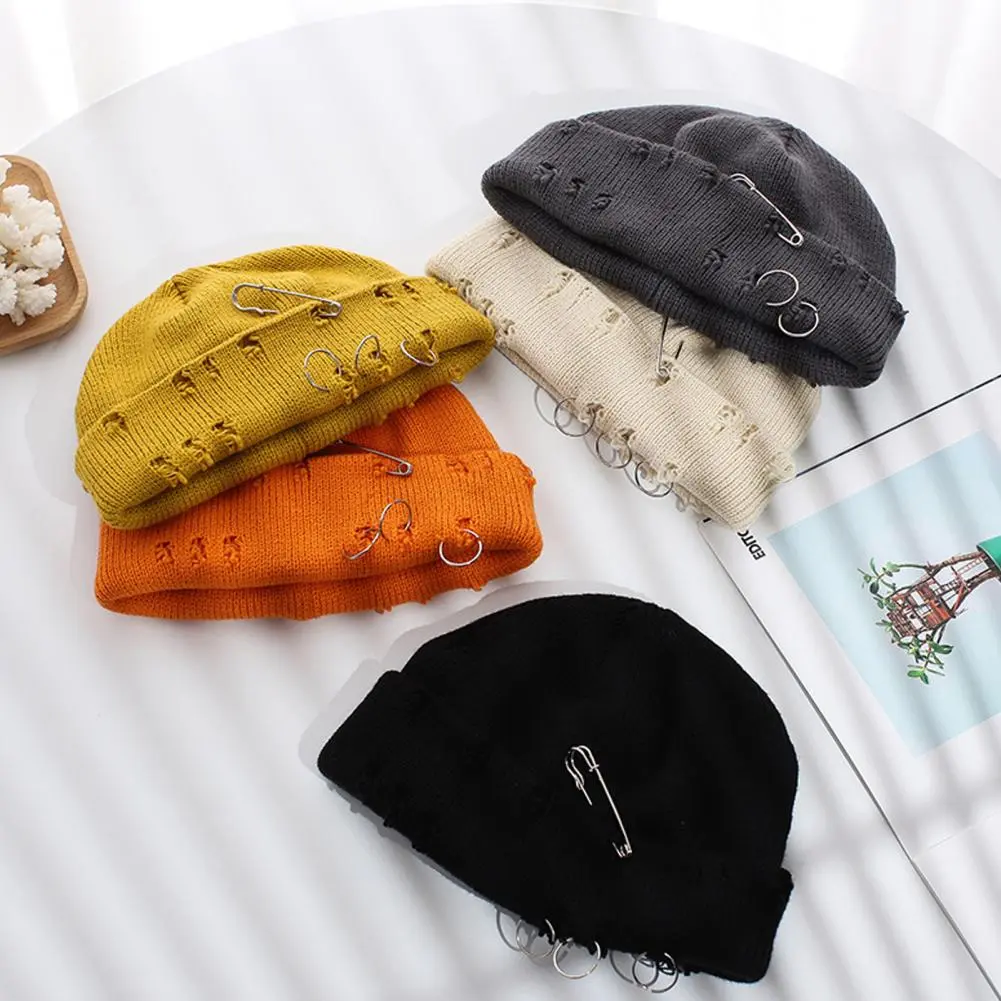 Ripped Flanging Metal Ring Woolen Yarn Hat Winter Hats for Unisex New Beanies Knitted Beanie Girls Knitting Skull Cap Casual Cap