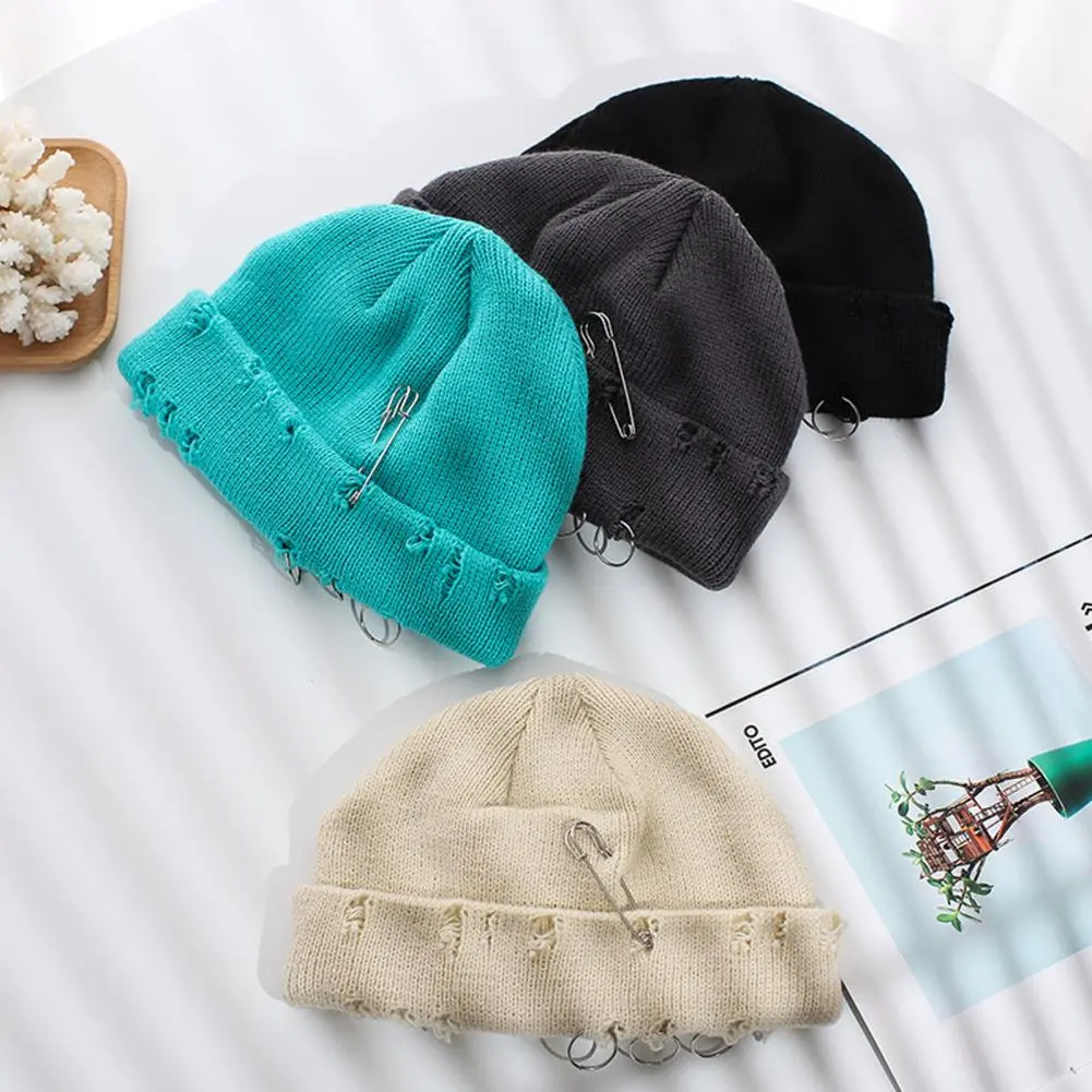 Ripped Flanging Metal Ring Woolen Yarn Hat Winter Hats for Unisex New Beanies Knitted Beanie Girls Knitting Skull Cap Casual Cap