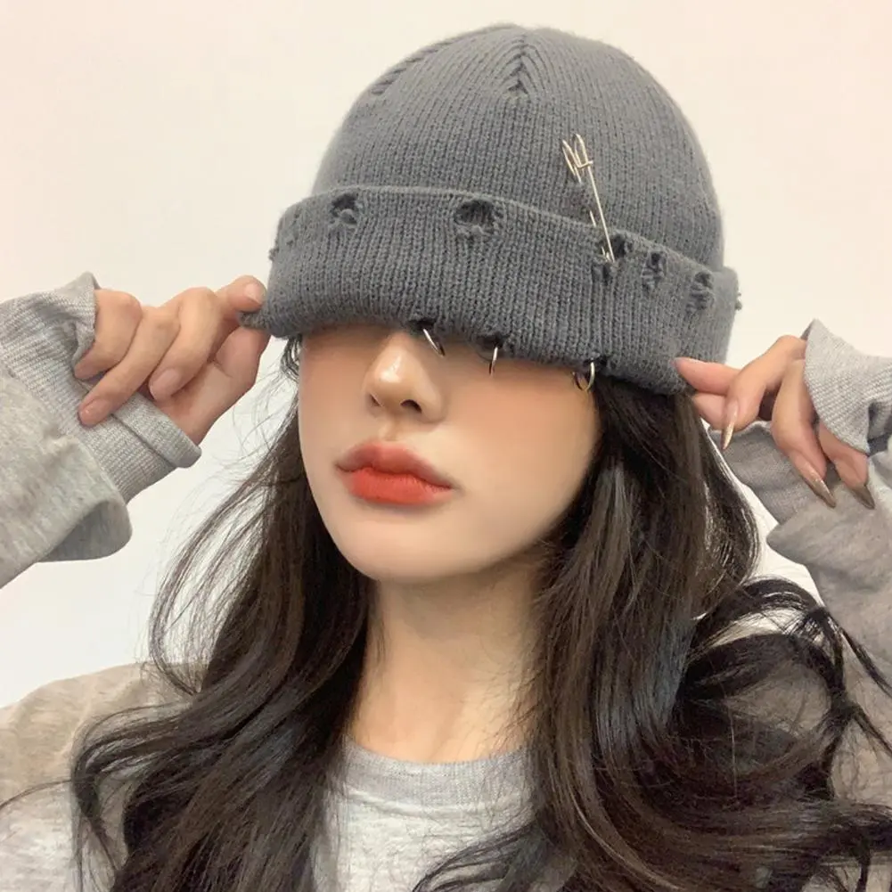 Ripped Flanging Metal Ring Woolen Yarn Hat Winter Hats for Unisex New Beanies Knitted Beanie Girls Knitting Skull Cap Casual Cap