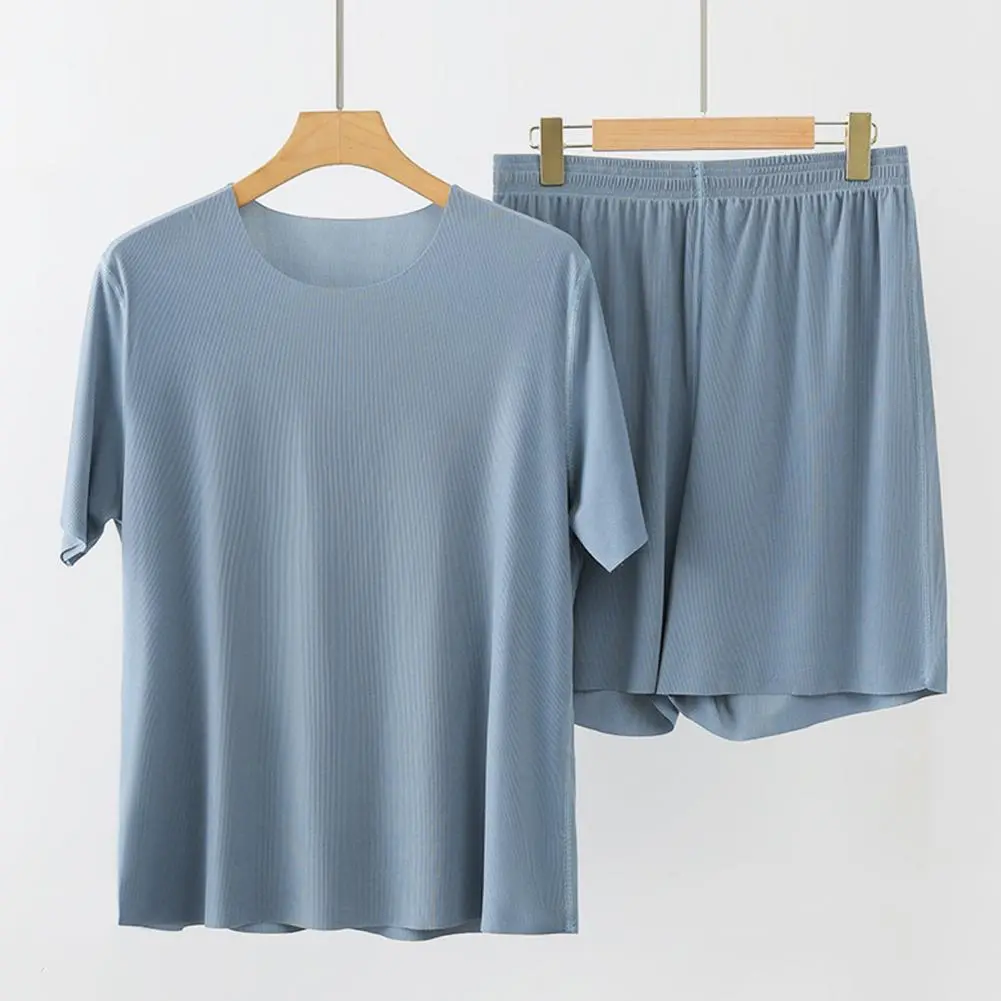 2Pcs/Set Men Loungewear O-Neck Short Sleeve Tops Elastic Waist Wide Leg Shorts Set Ice Silk Homewear Pajama Set Men Sleepwear