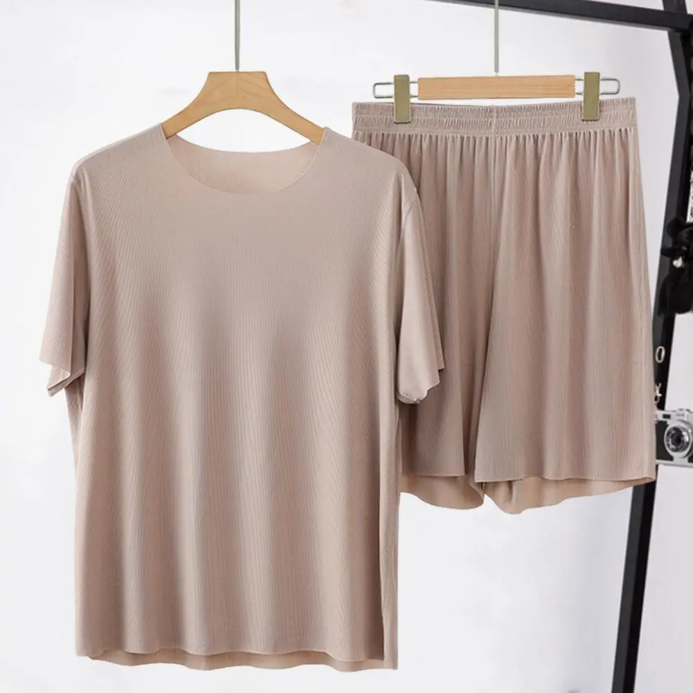 2Pcs/Set Men Loungewear O-Neck Short Sleeve Tops Elastic Waist Wide Leg Shorts Set Ice Silk Homewear Pajama Set Men Sleepwear