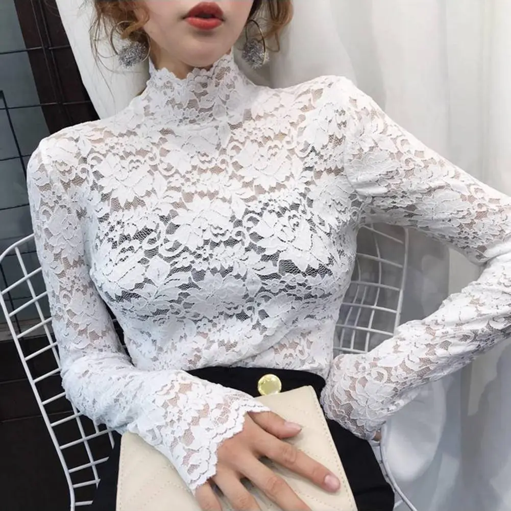 Sexy Women Long Sleeve Lace Blouses High Collar Inner Wear Lace Crochet Shirt Base Tunic Top Perspective Vintage Bottom Blouse