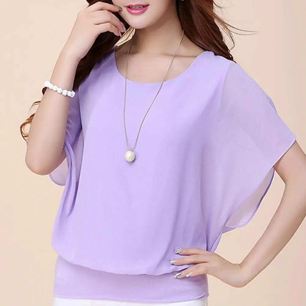 Chiffon Blouse O-Neck Short Sleeve Chiffon Tops Loose Fit Solid Color Pullover Tops Casual Office Work Women Blouse Shirt Top