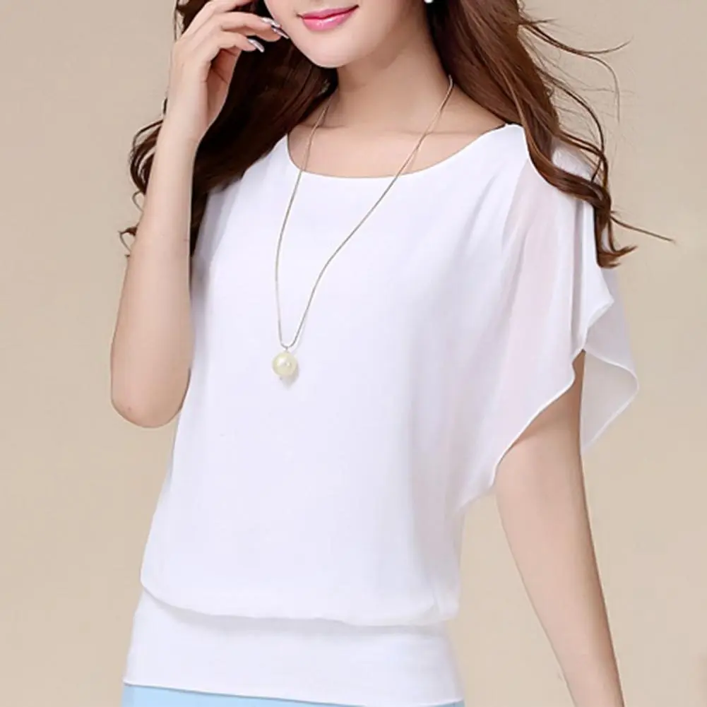 Chiffon Blouse O-Neck Short Sleeve Chiffon Tops Loose Fit Solid Color Pullover Tops Casual Office Work Women Blouse Shirt Top