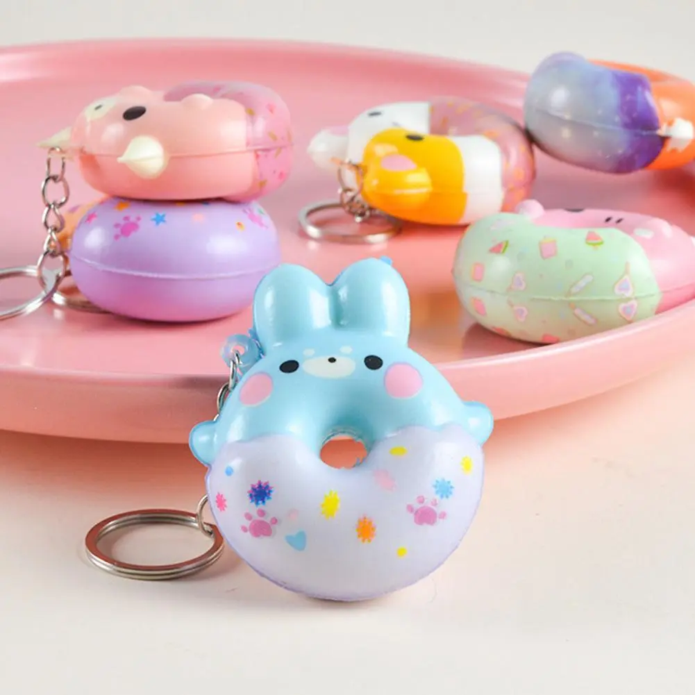 Cartoon Donut Bear Keychain Doughnut Squeeze Keyring Bag Pendant Couple Car Keyholder Bag Charm Donut Key Chain Girls Favors