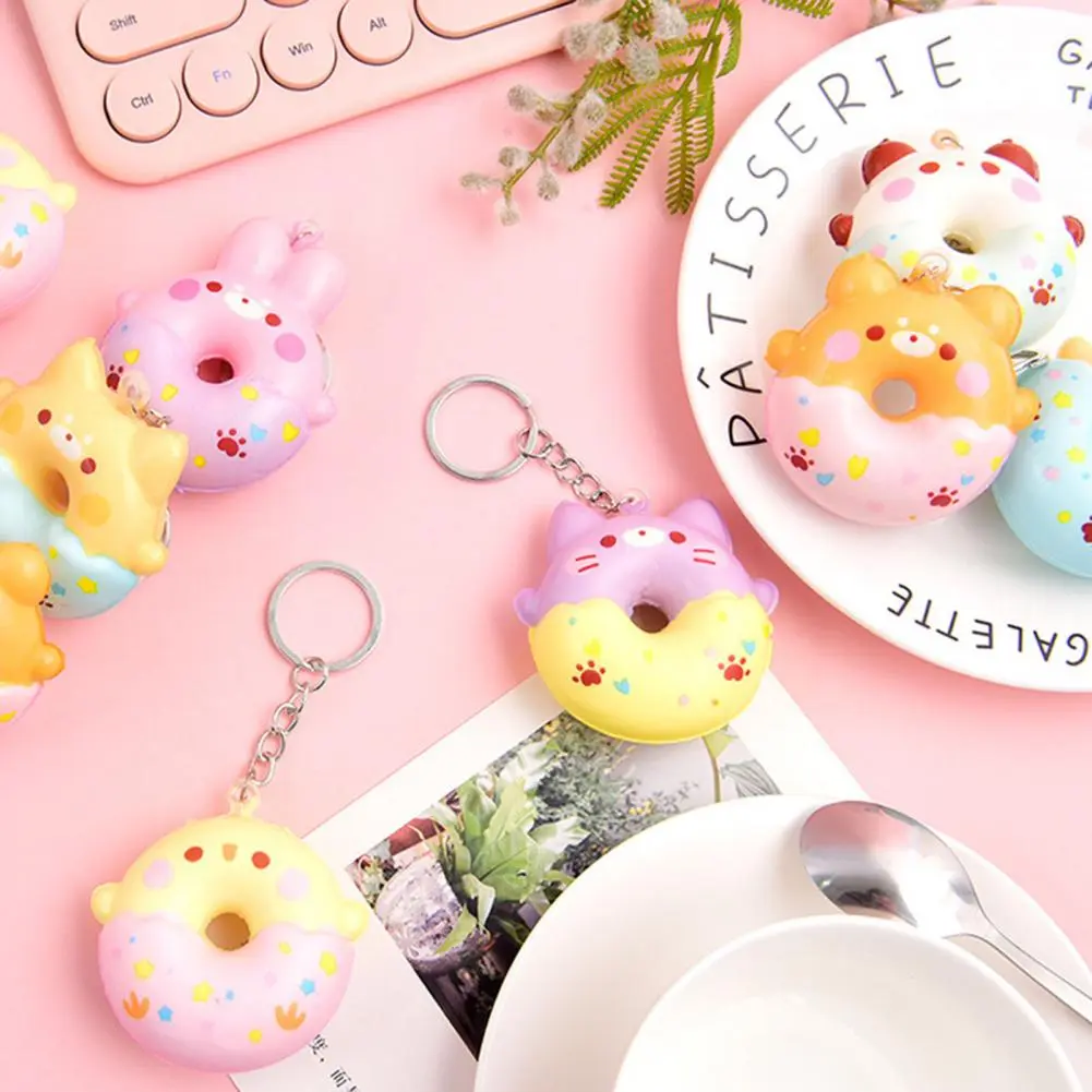 Cartoon Donut Bear Keychain Doughnut Squeeze Keyring Bag Pendant Couple Car Keyholder Bag Charm Donut Key Chain Girls Favors