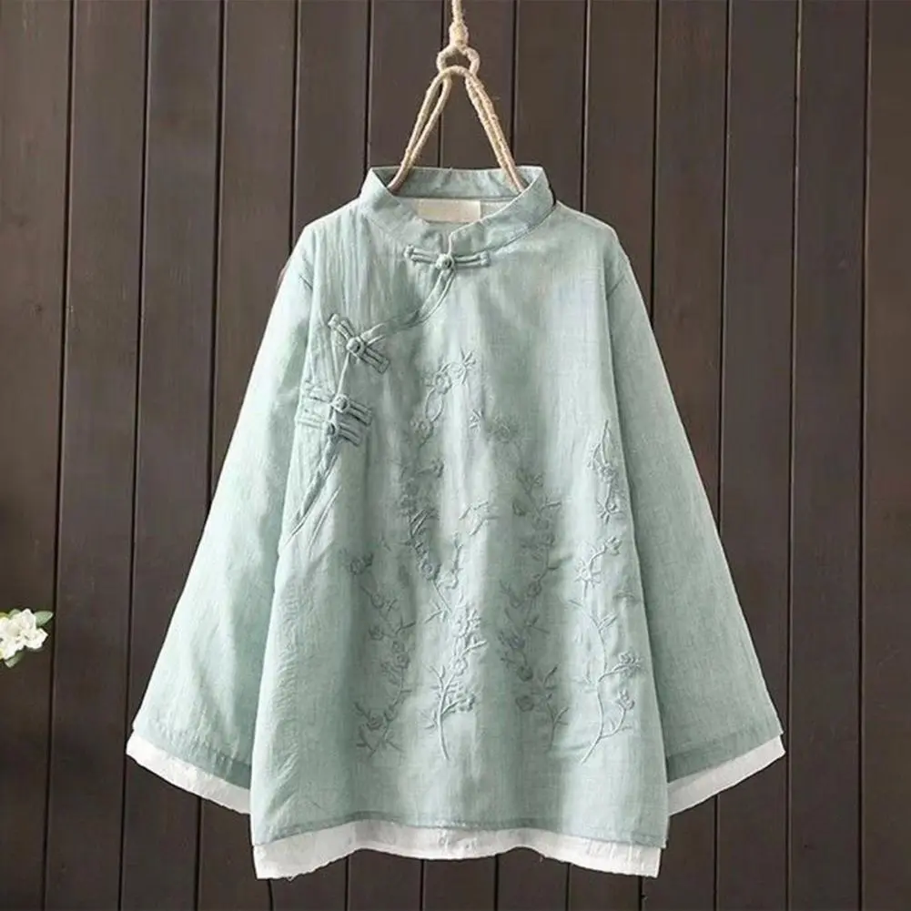 Cotton Linen Women Blouse Retro Chinese Style Embroidered Flower Pattern Knot Button Stand Collar A Line Shirt Chinese Shirt