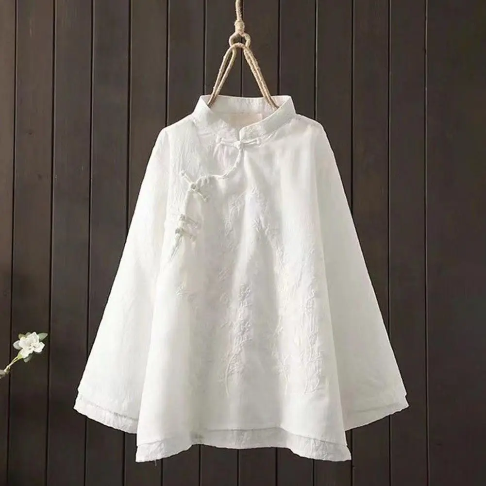 Cotton Linen Women Blouse Retro Chinese Style Embroidered Flower Pattern Knot Button Stand Collar A Line Shirt Chinese Shirt