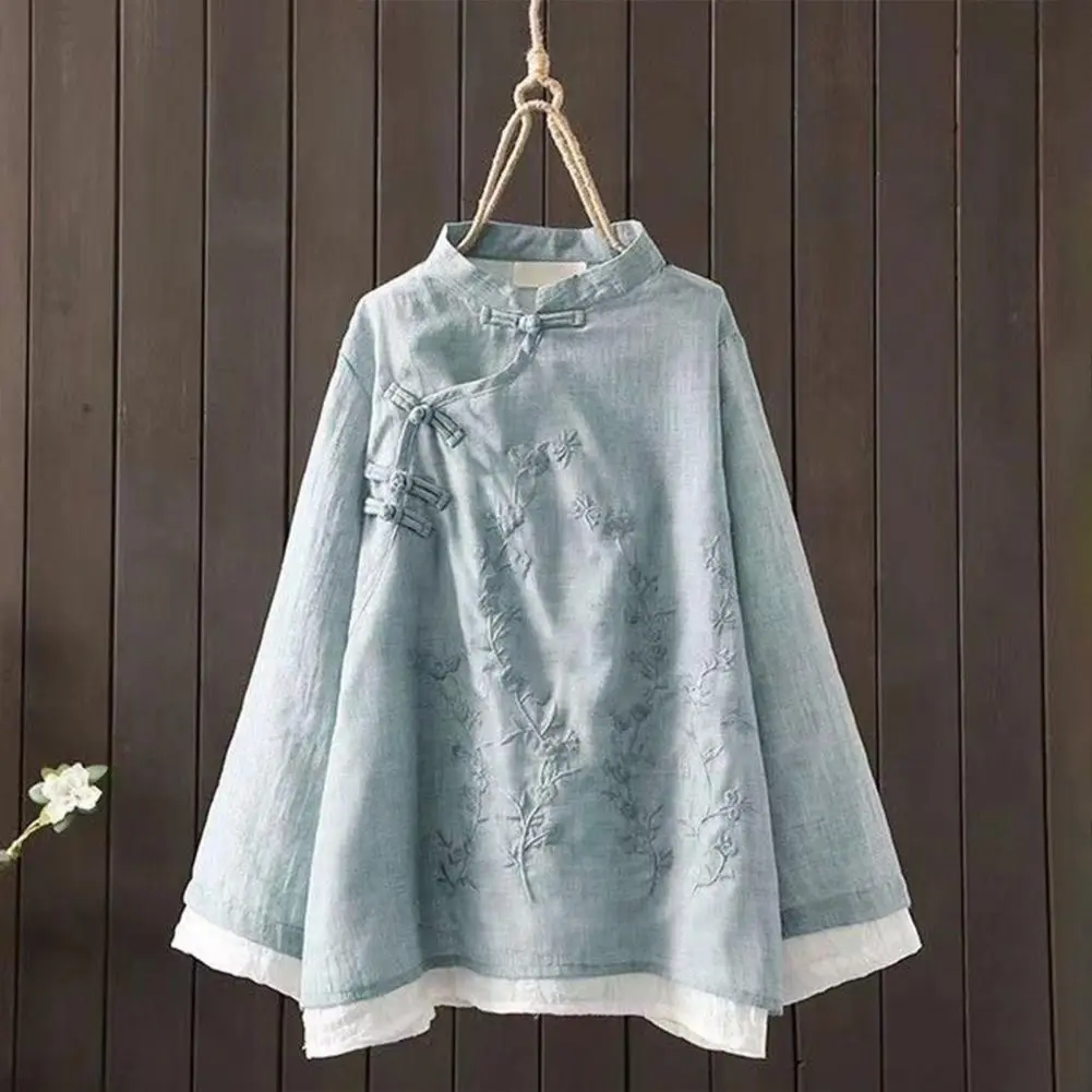 Cotton Linen Women Blouse Retro Chinese Style Embroidered Flower Pattern Knot Button Stand Collar A Line Shirt Chinese Shirt