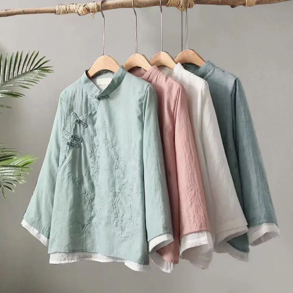 Cotton Linen Women Blouse Retro Chinese Style Embroidered Flower Pattern Knot Button Stand Collar A Line Shirt Chinese Shirt