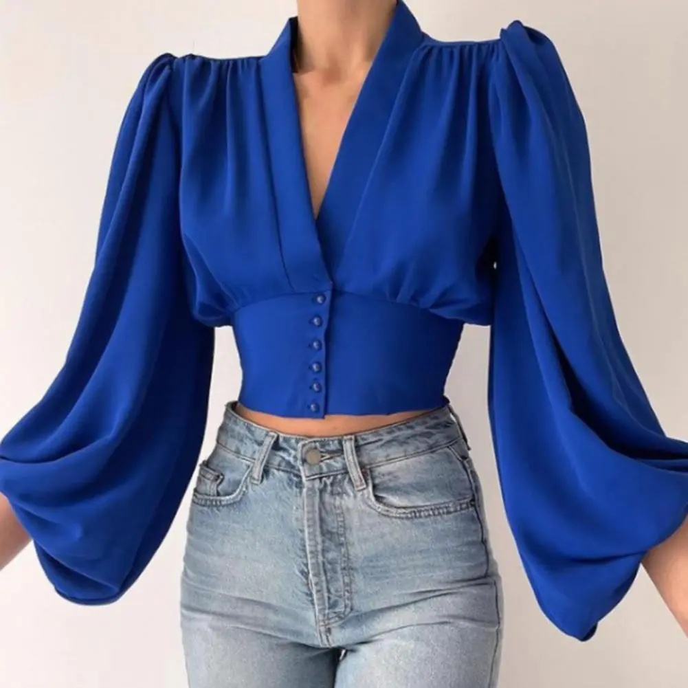 Flower Print Vintage Women Shirt Spring Lantern Long Sleeves V-neck Buttons Placket Waist Tight Shrinkable Cuffs Crop Shirt