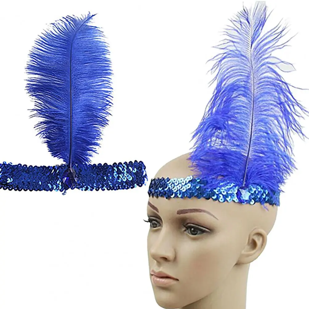 Halloween Feather Hairband Rhinestone Sequins Ostrich Feather Hair Hoop Cosplay Indian Feather Headwear Feather Headdress