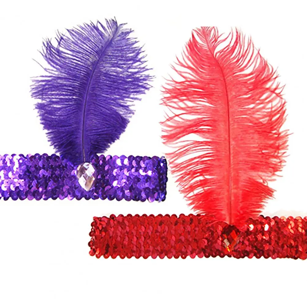 Halloween Feather Hairband Rhinestone Sequins Ostrich Feather Hair Hoop Cosplay Indian Feather Headwear Feather Headdress