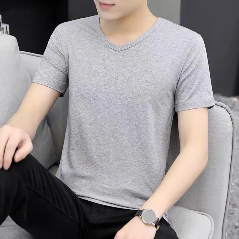 Short Sleeve Men V-neck T-shirt Ice Silk  Men Casual Solid Color Top Slim Fit Pullover Daily Wear Youthful Teenager Sport Top