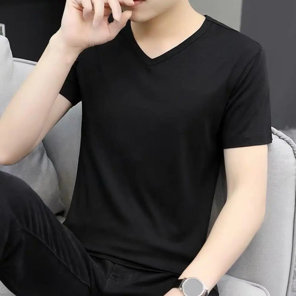 Short Sleeve Men V-neck T-shirt Ice Silk  Men Casual Solid Color Top Slim Fit Pullover Daily Wear Youthful Teenager Sport Top