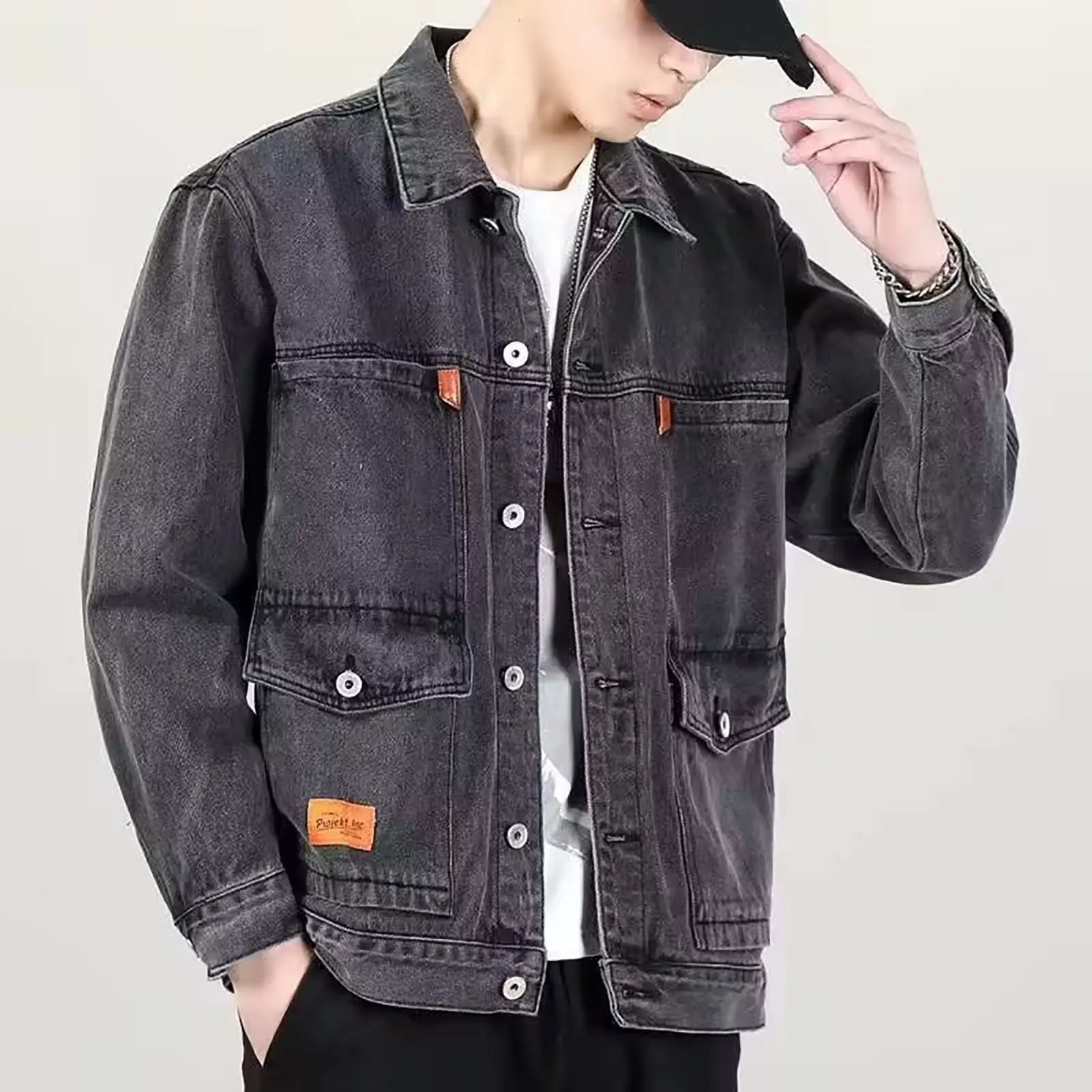 Men Jeans Jacket Oversize Slim Fit Inside Pockets Men Jeans Outwear Casual Hip Hop Loose Single-breasted Men Denim Coat Cardigan