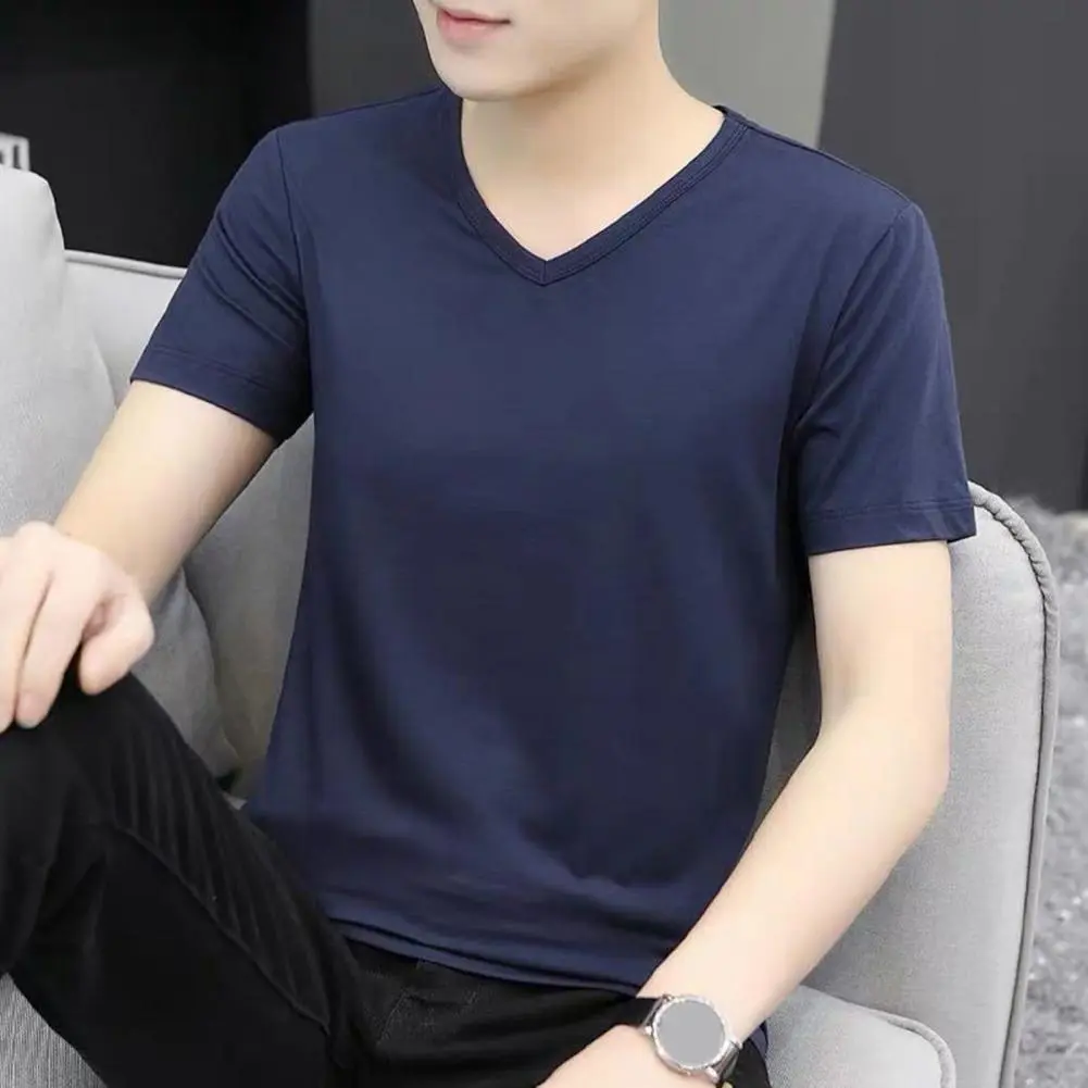 Short Sleeve Men V-neck T-shirt Ice Silk  Men Casual Solid Color Top Slim Fit Pullover Daily Wear Youthful Teenager Sport Top