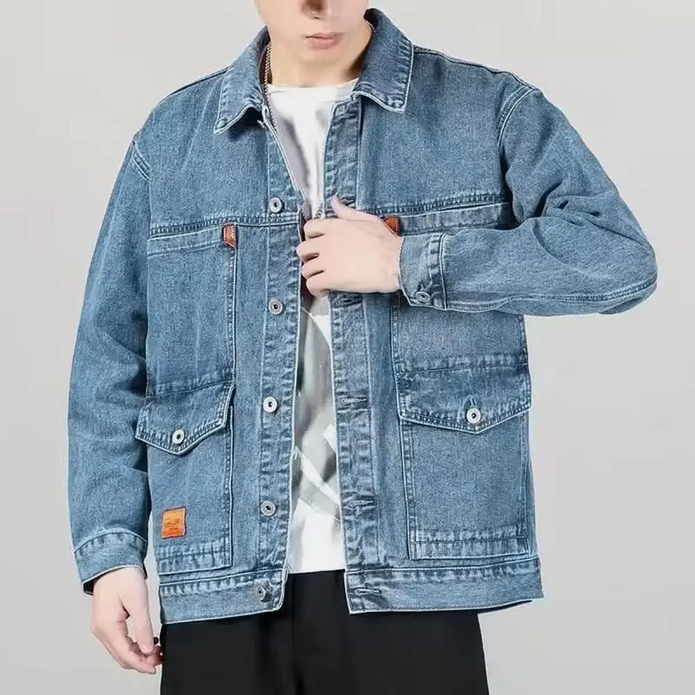 Men Jeans Jacket Oversize Slim Fit Inside Pockets Men Jeans Outwear Casual Hip Hop Loose Single-breasted Men Denim Coat Cardigan