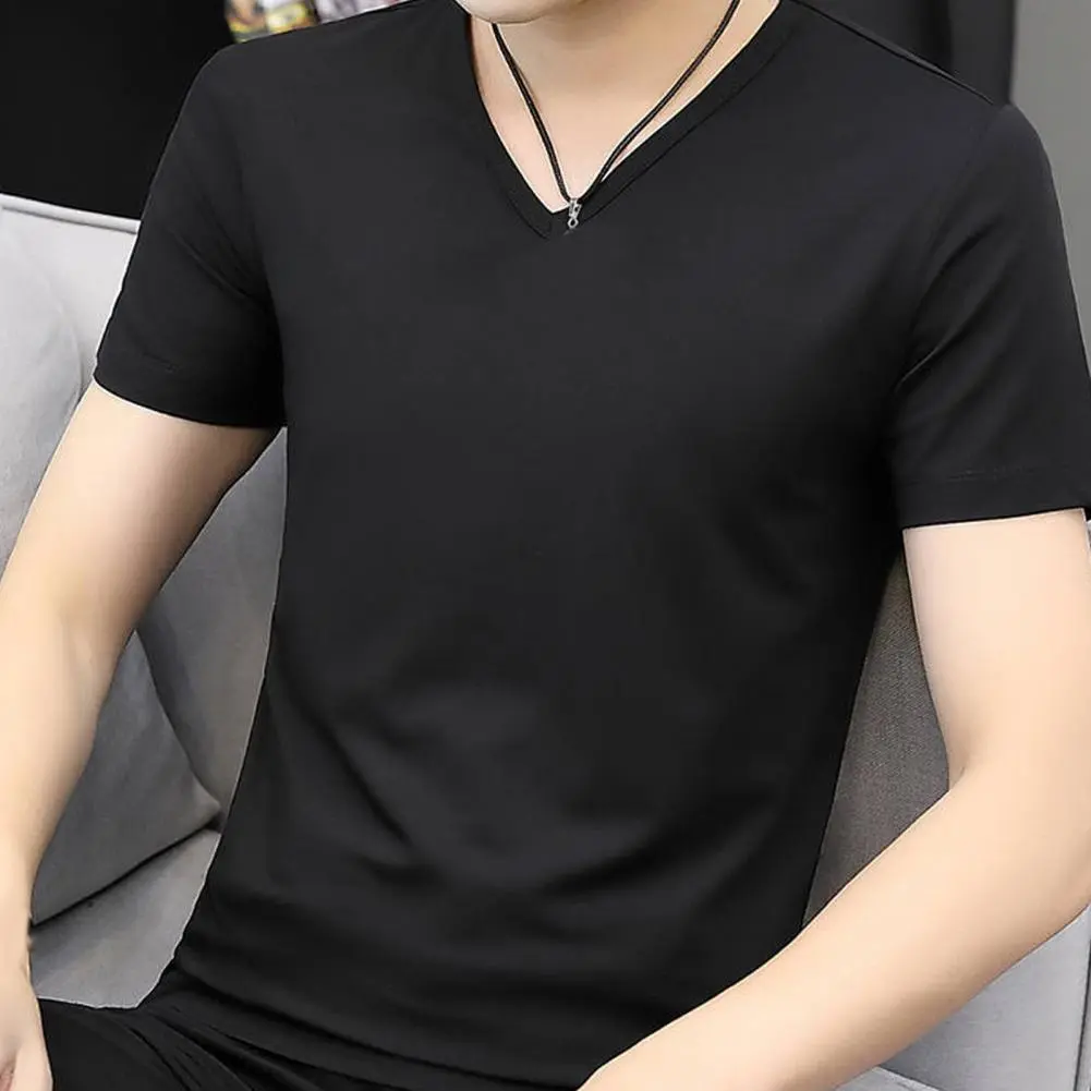Short Sleeve Men V-neck T-shirt Ice Silk  Men Casual Solid Color Top Slim Fit Pullover Daily Wear Youthful Teenager Sport Top