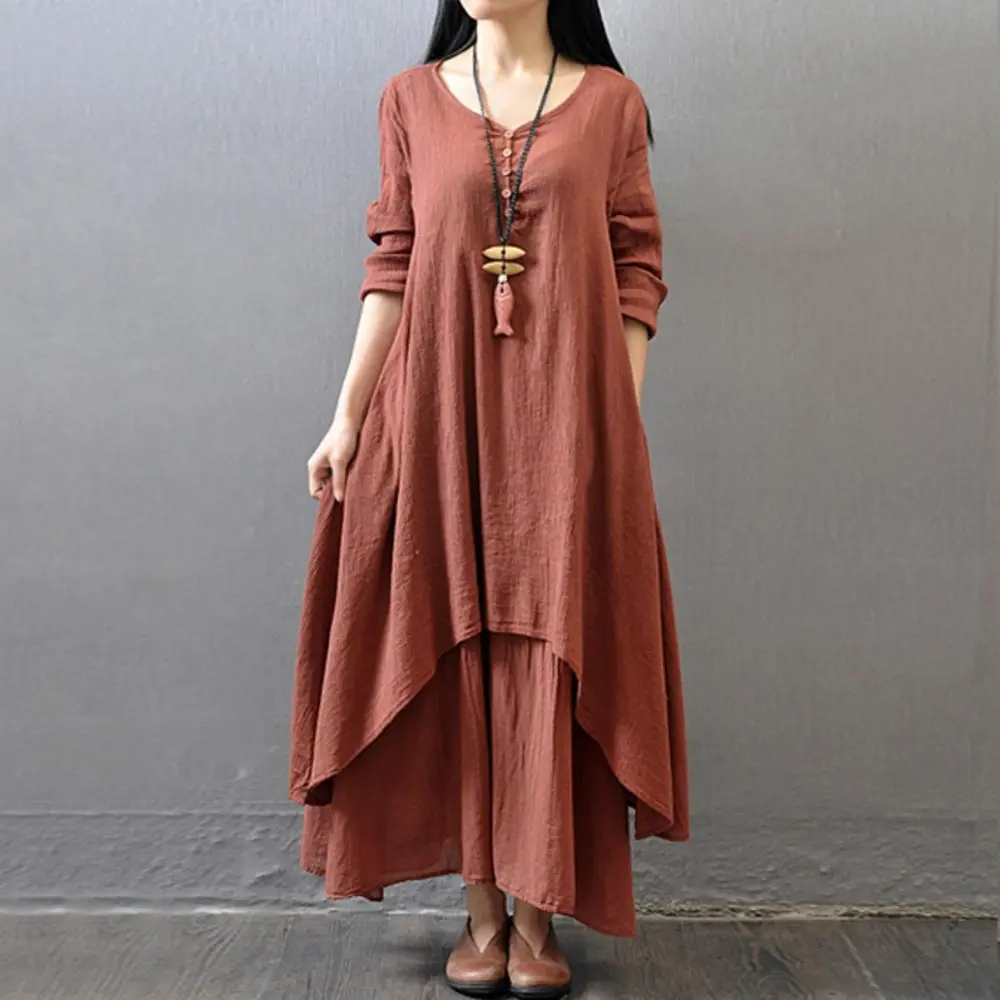 Artistic Retro Loose Dresses Loose Layered Maxi Dress Linen Two Layers Oversized Women Dress Rural Style Fake Two Pieces