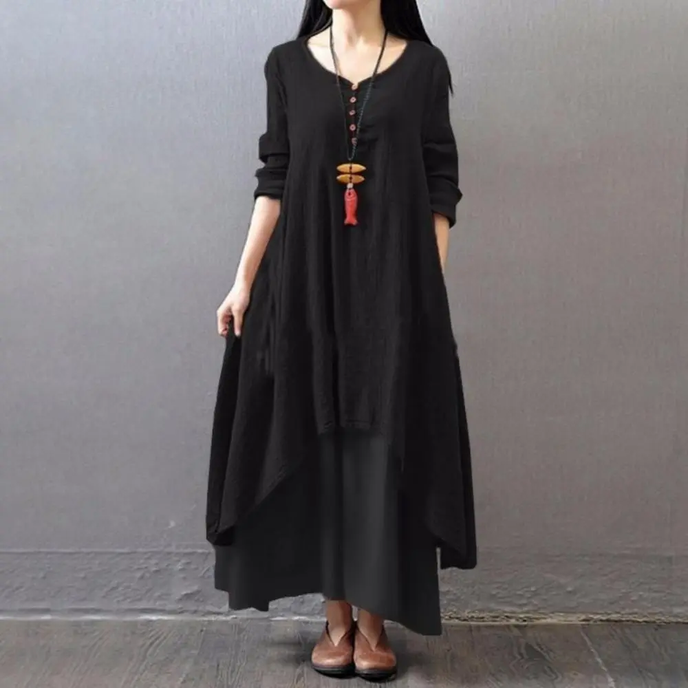 Artistic Retro Loose Dresses Loose Layered Maxi Dress Linen Two Layers Oversized Women Dress Rural Style Fake Two Pieces