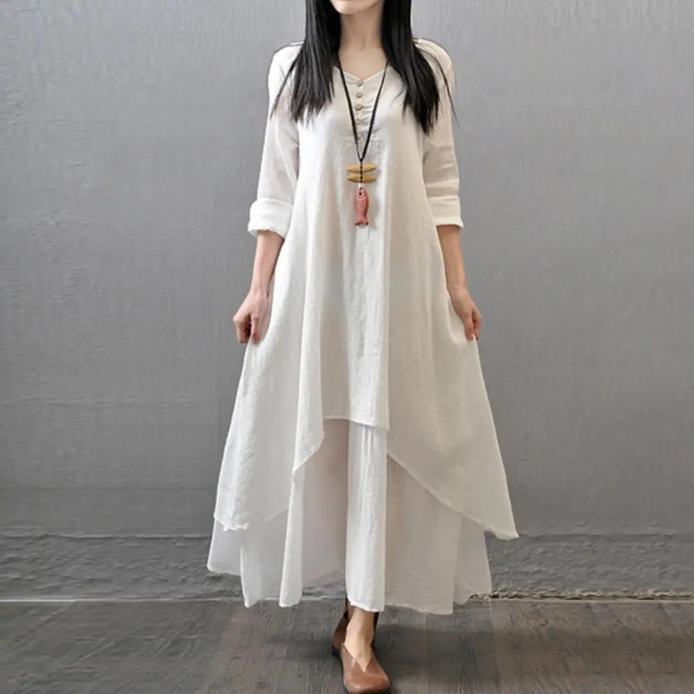 Artistic Retro Loose Dresses Loose Layered Maxi Dress Linen Two Layers Oversized Women Dress Rural Style Fake Two Pieces