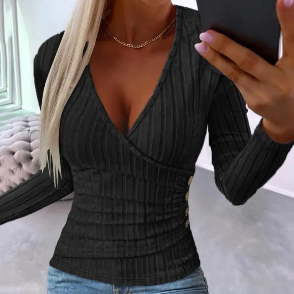 Elegant Women Spring V Neck Blouse Solid Color Tops Deep V-neck Long Sleeve Blouse Slim Fit Buttons Decor Ribbed Pullover Tops