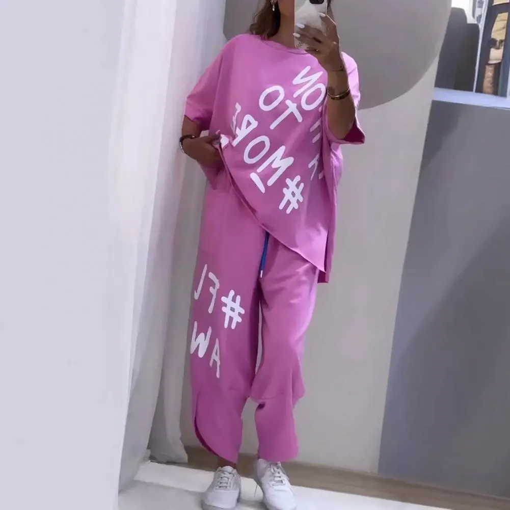 Women Summer Outfit Letter Print O-Neck Short Sleeve Casual Tracksuit T-shirt Harem Pants Two-piece Suit Summer Women Tracksuit