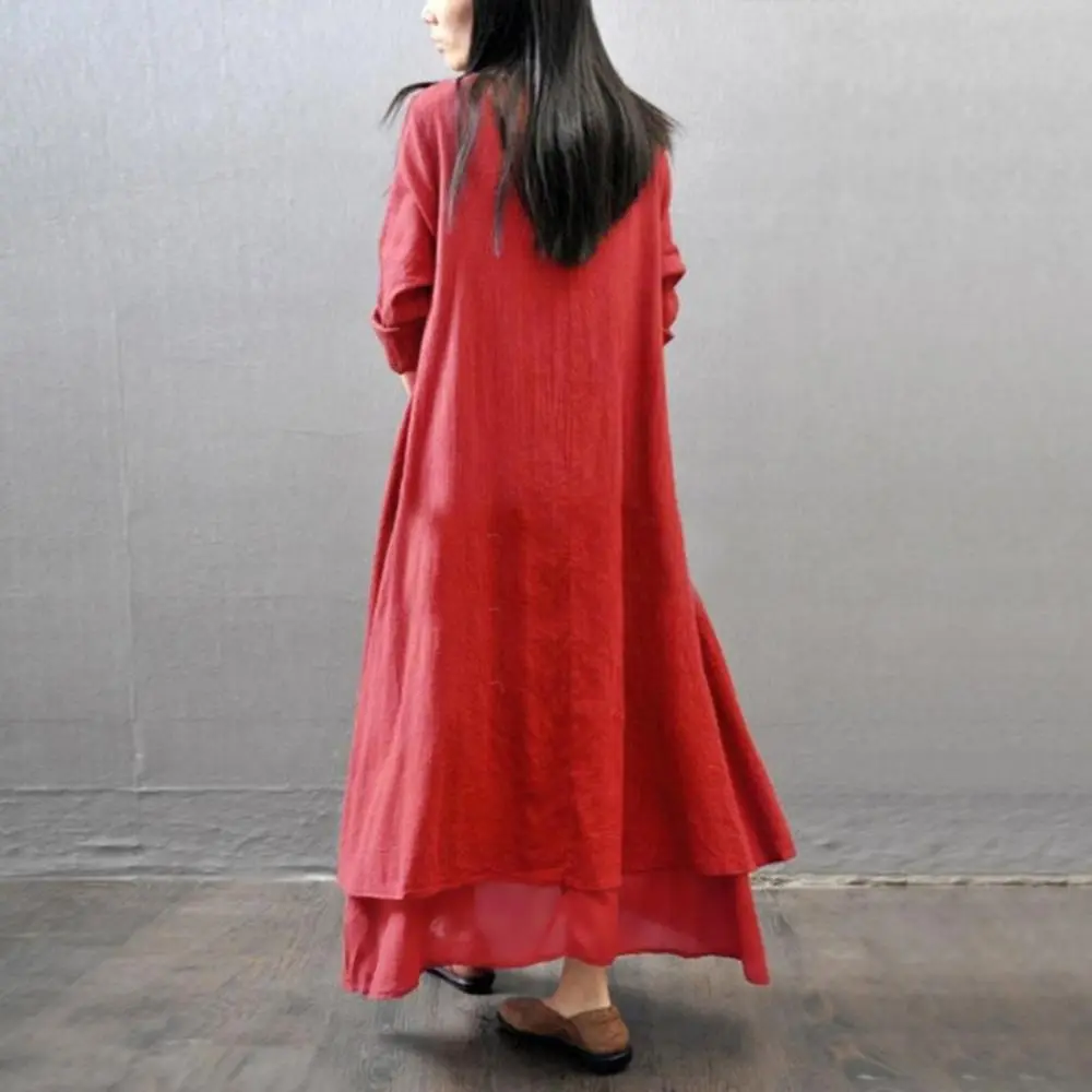 Artistic Retro Loose Dresses Loose Layered Maxi Dress Linen Two Layers Oversized Women Dress Rural Style Fake Two Pieces