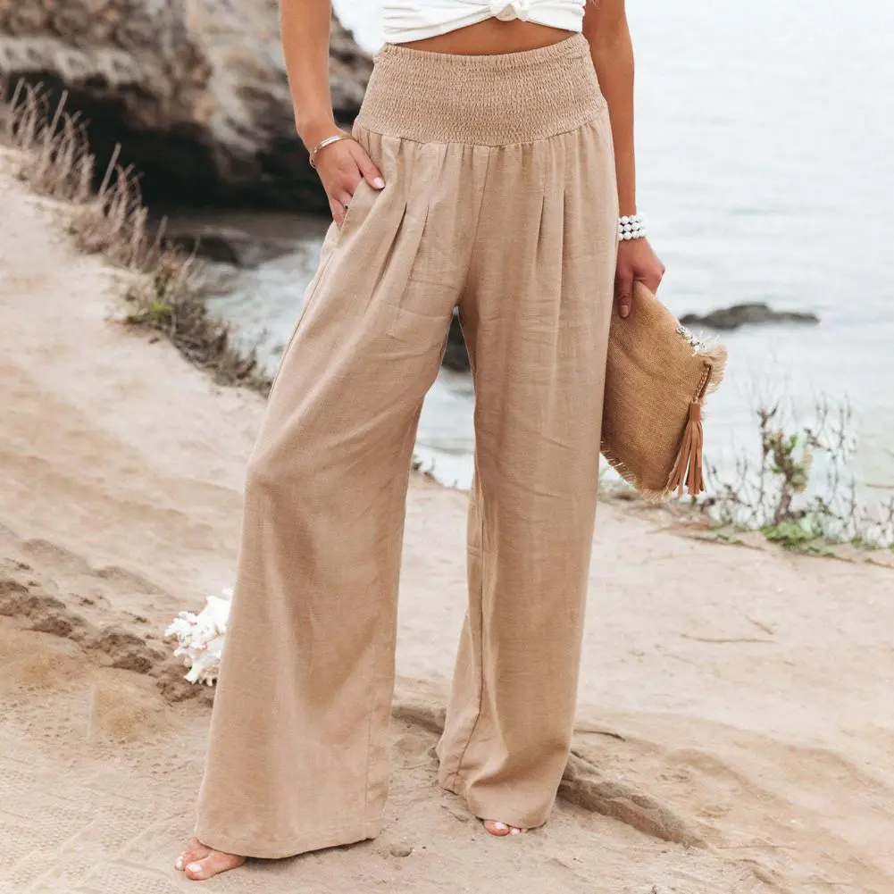 Full Length Baggay Pants Cotton and linen Pants Elastic High Waisted Temperament Summer Solid Color Casual Wide Leg Pants Loose