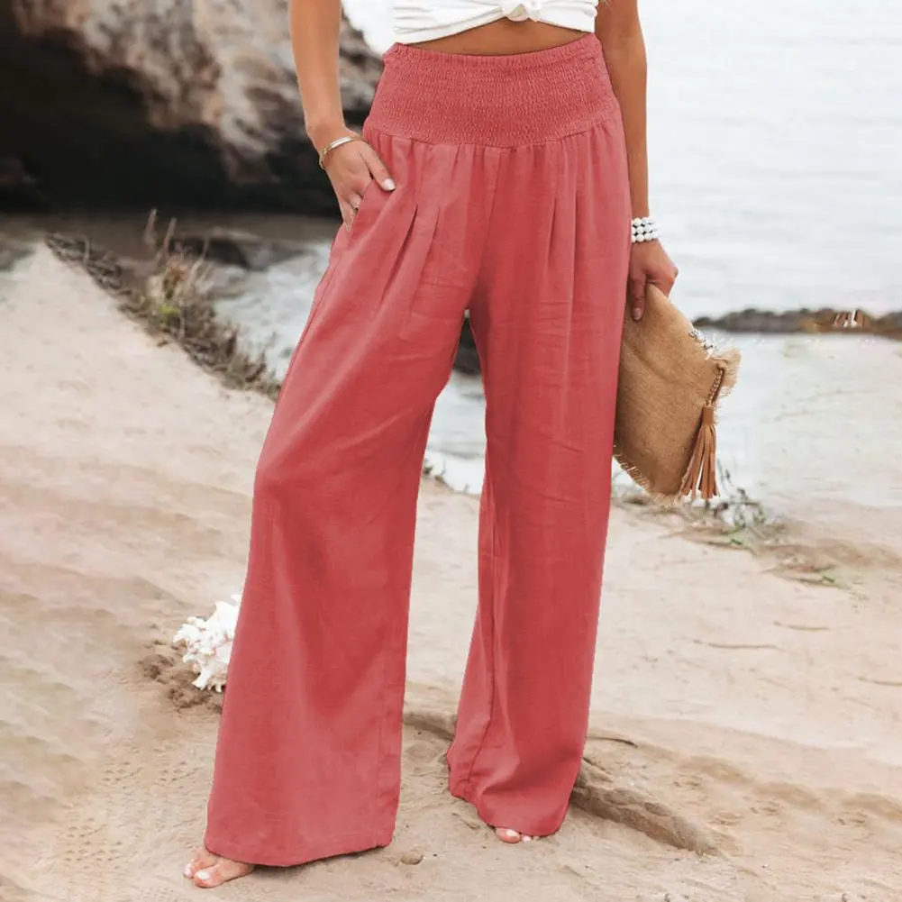 Full Length Baggay Pants Cotton and linen Pants Elastic High Waisted Temperament Summer Solid Color Casual Wide Leg Pants Loose