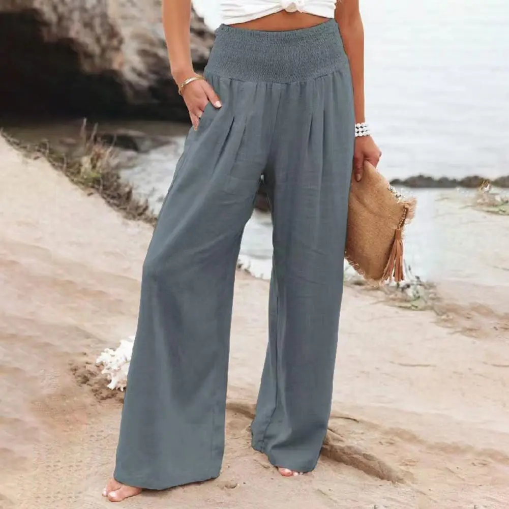 Full Length Baggay Pants Cotton and linen Pants Elastic High Waisted Temperament Summer Solid Color Casual Wide Leg Pants Loose