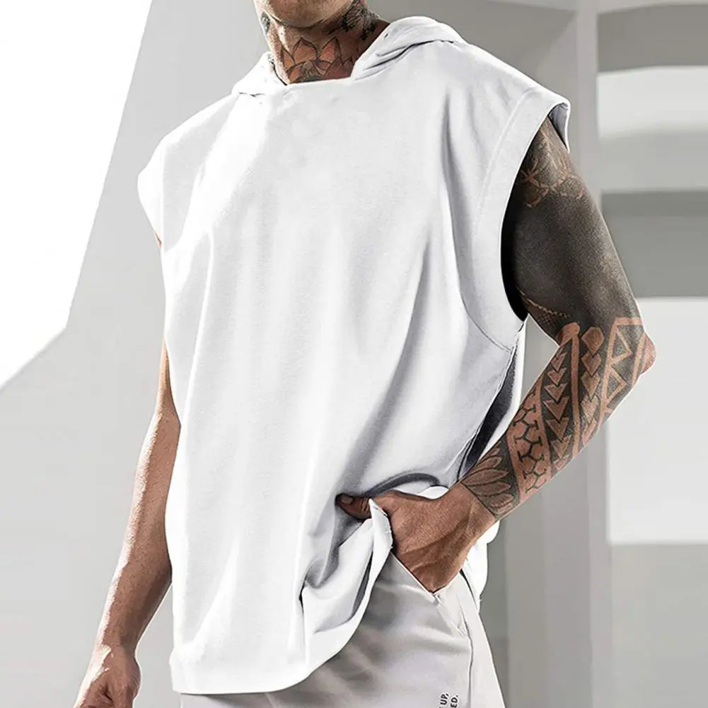 European And American Summer Shirt Men's Solid Sleeveless Loose Sports Fitness Hooded T-shirt Sweat Absorption Leisure T-shirt