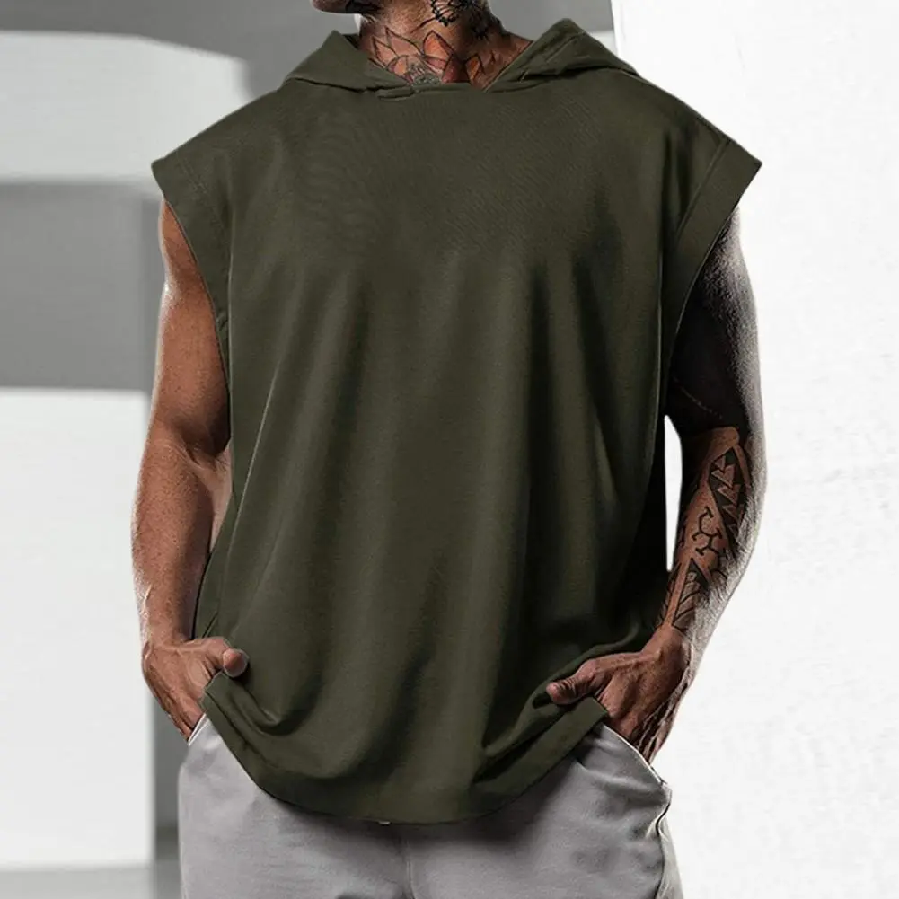 European And American Summer Shirt Men's Solid Sleeveless Loose Sports Fitness Hooded T-shirt Sweat Absorption Leisure T-shirt